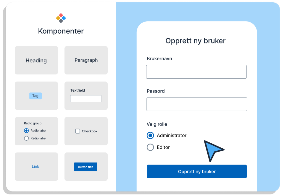 Designskisse av en mobiltelefon som har komponenter fra designsystemet i seg.